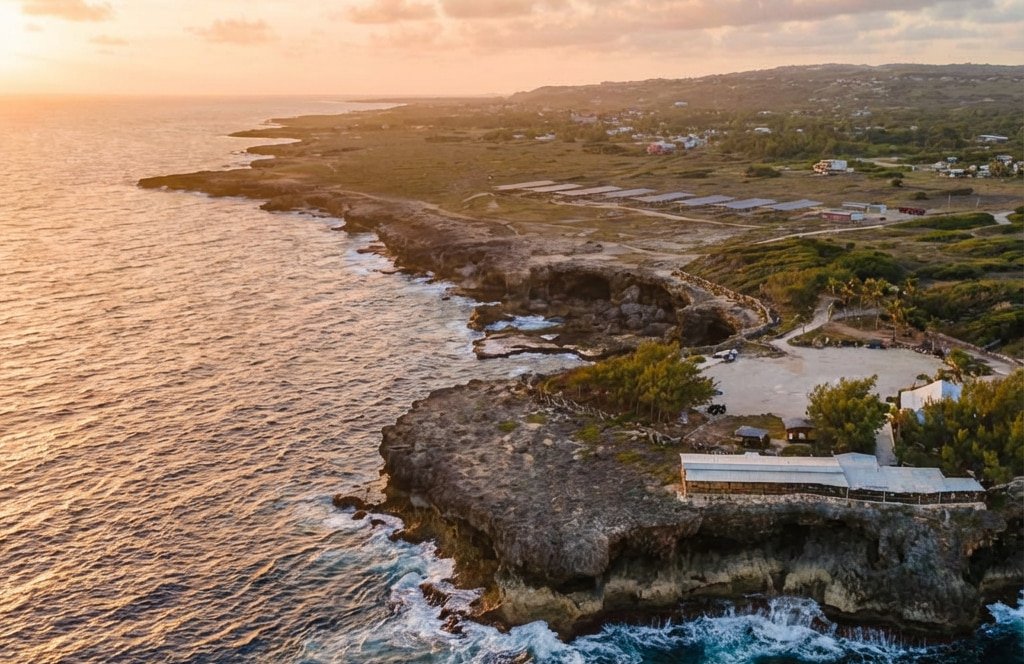 Aerial view of the rugged coastline of northern Barbados, showing dramatic cliffs meeting the Atlantic Ocean