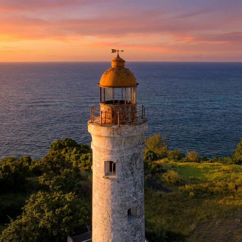A tall, white cylindrical lighthouse standing on a grassy cliff